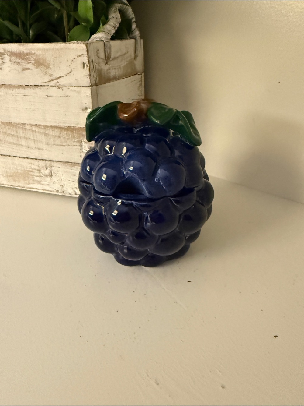 Vintage Ceramic Blackberry Berry Covered Jar Cobalt Purple Fruit Trinket Box